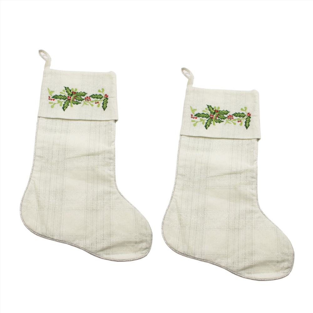 Embroidered Holly Silver White Christmas Stockings